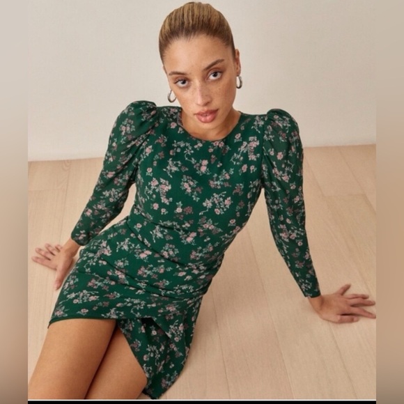 🌿 Reformation Juni Mini Dress | Size 4 | Deep Green Floral Long Sleeve - Picture 1 of 10